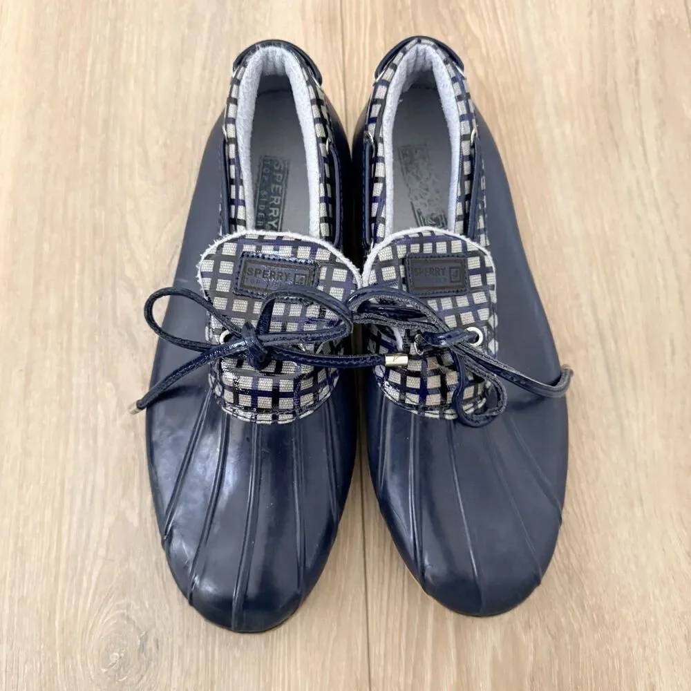 SPERRY Top-Sider Plaid Rubber Leather Duck Boots H10-CH373 Womens 10 Navy